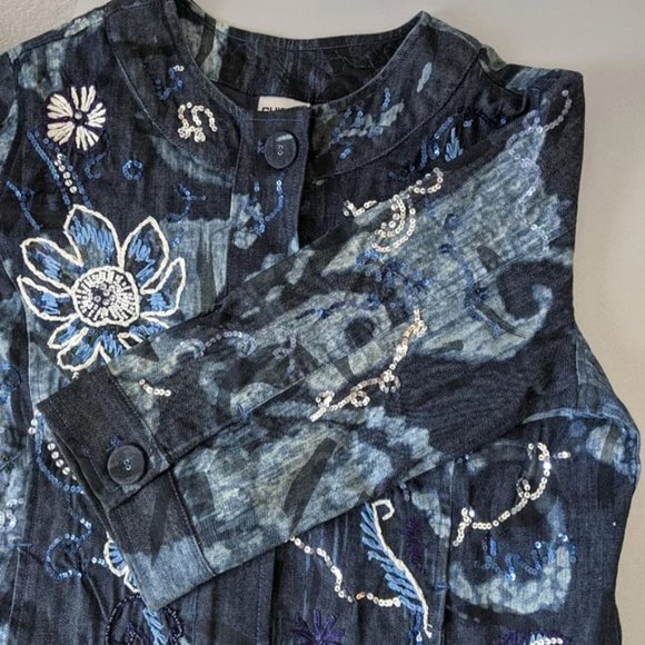 Chico's Collarless Beaded & Embroidered Denim Jacket, Blue / White, Large - Picture 5 of 14